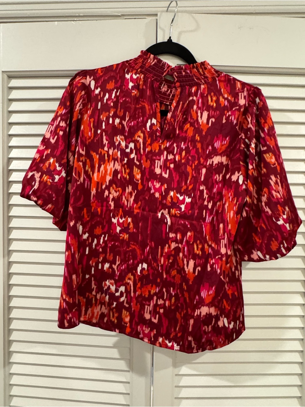 THML Smocked-Neck Red Patterned Short-Sleeve Blouse - Picture 4 of 5